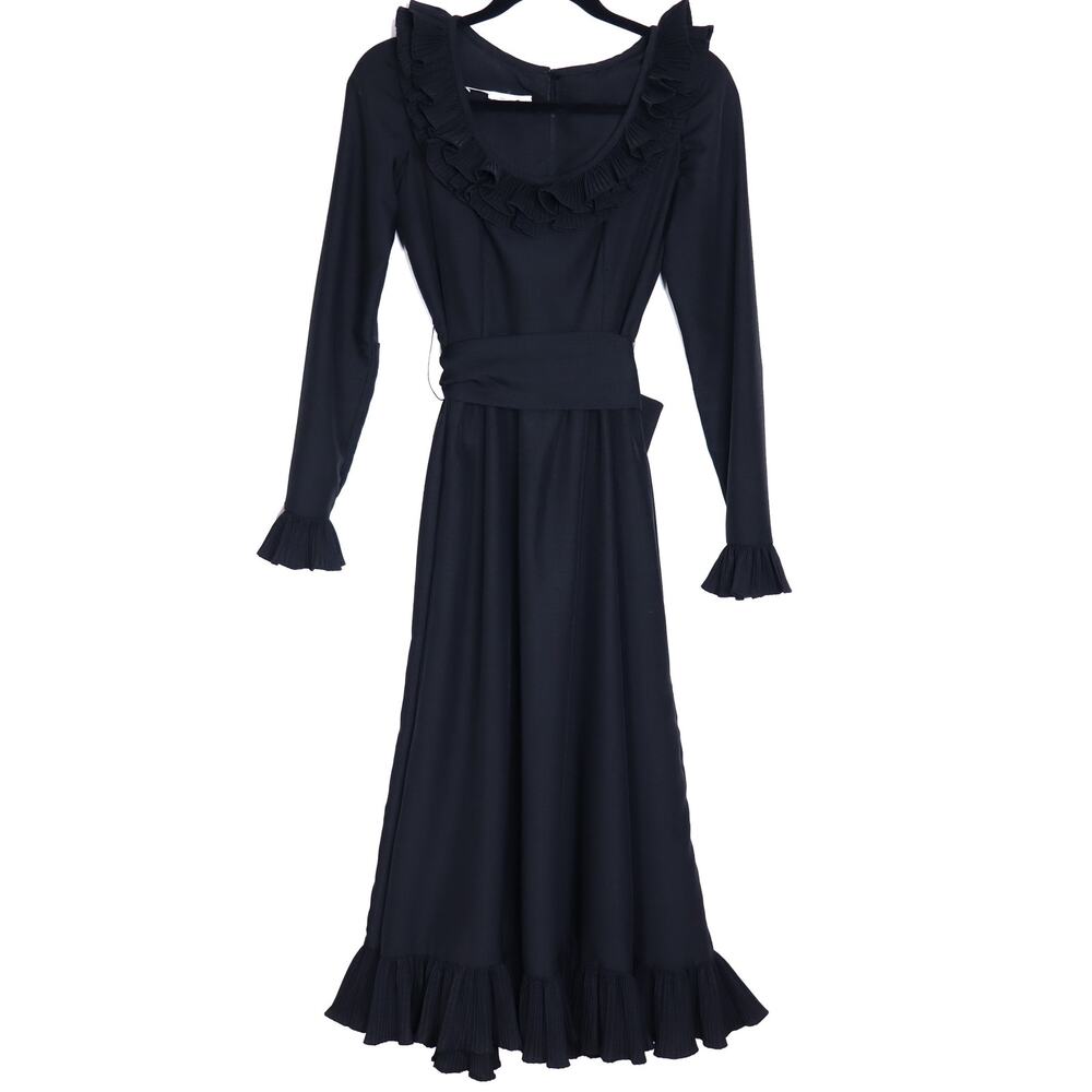 VICTOR COSTA Vintage 90s Midi Dress Black Ruffled Trim Long Sleeve Women's 4